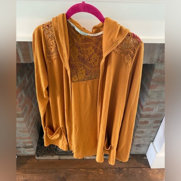 Maurice’s Large Mustard Yellow Hooded Lace Insert Cardigan Long Sleeve Autumn - Picture 1 of 6